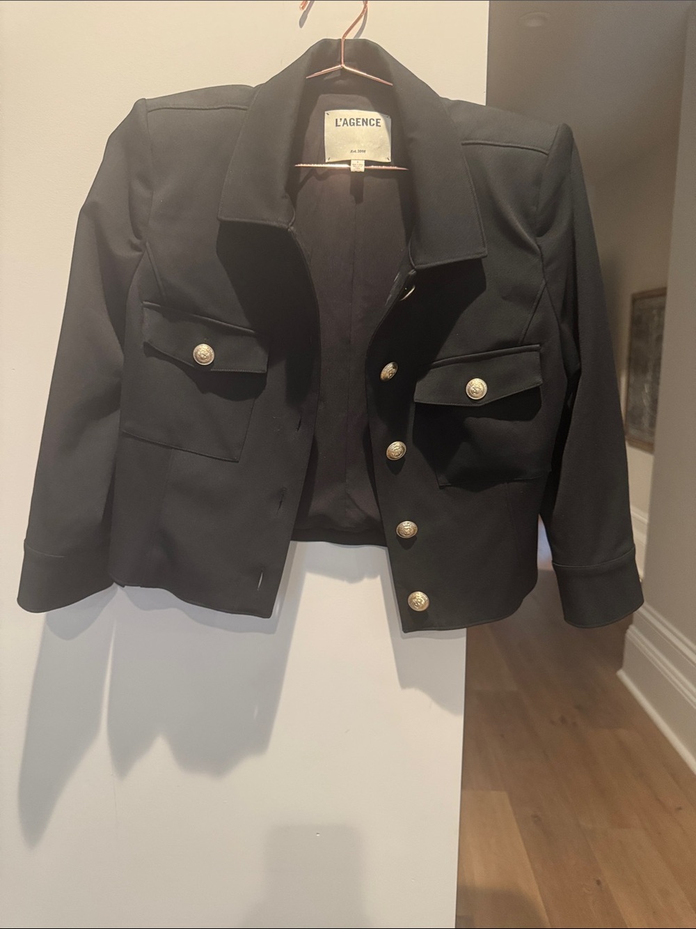 L'AGENCE Black Cropped Military-Style Blazer with Gold Buttons